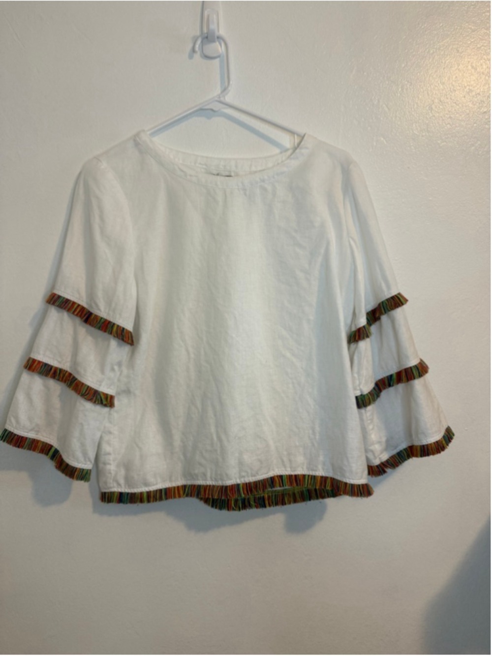 Women's FOR CYNTHIA White Linen Blouse with Multicolor Fringe, S, multi colored